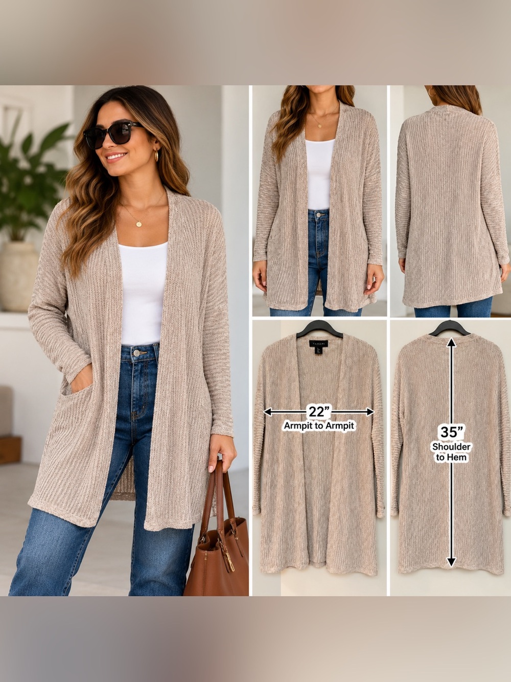 Tahari large Open-Front Beige Ribbed Cardigan Sweater